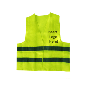 Construction workers wearing custom printed Hi Vis vests showcasing company branding on a busy job site.