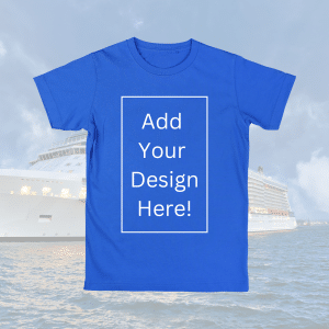 A group of excited cruise attendees wearing custom-printed t-shirts, celebrating on the deck of a cruise ship with ocean views.