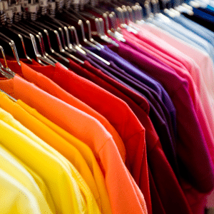 Hands inspecting different T-shirt fabrics—cotton, polyester, and blends—for custom printing in a Brisbane studio.