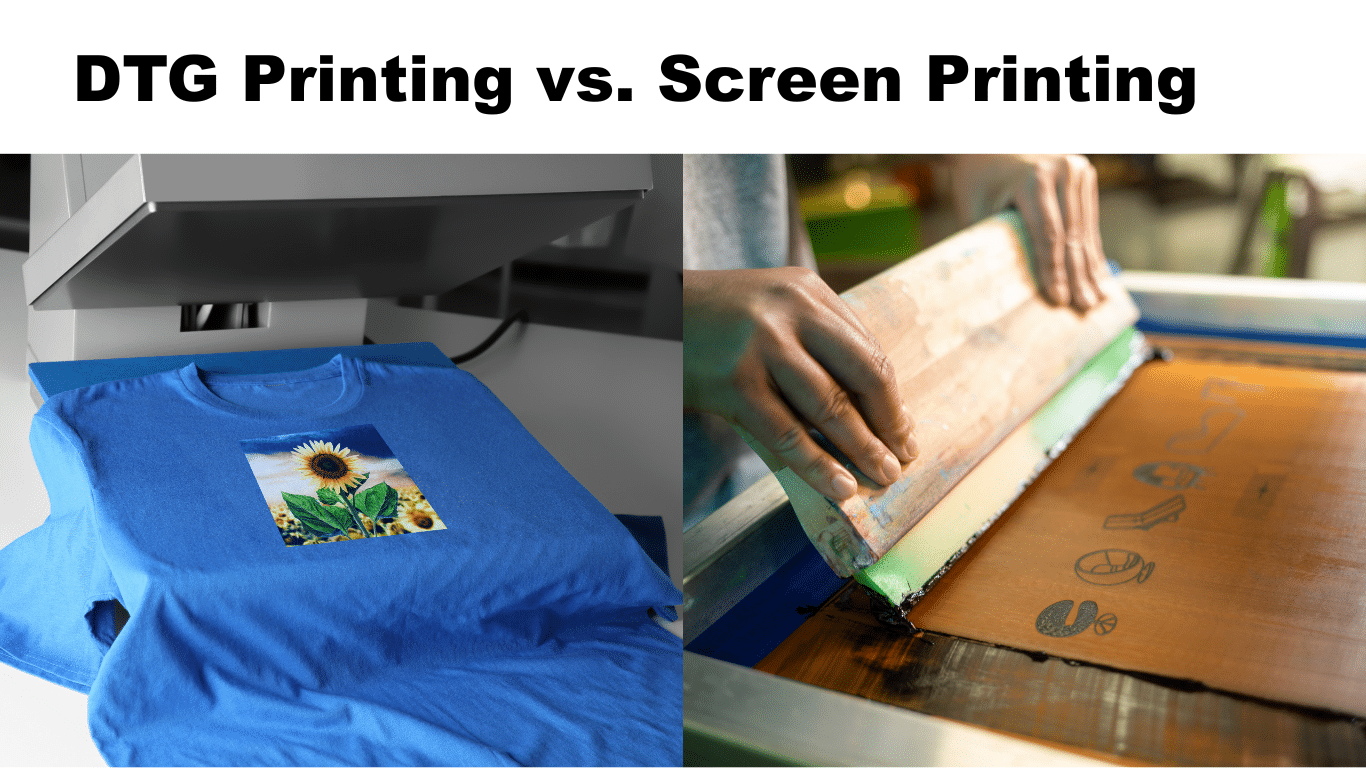 DTG vs screen printing on cotton and blended T-shirts in Brisbane showing detailed artwork and bold logo designs