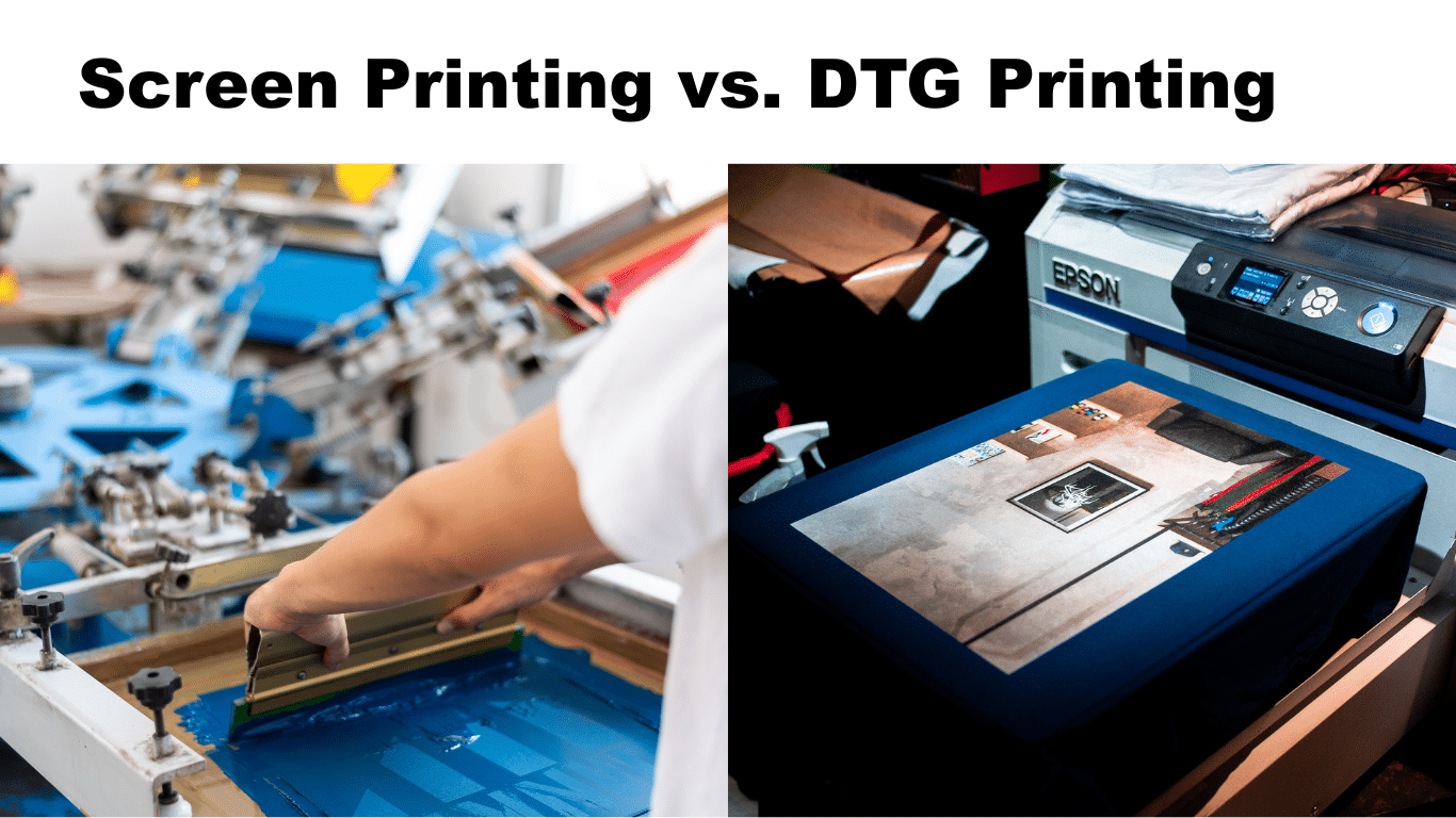 Screen printing vs DTG printing comparison showing bold logo prints and photo-quality designs on custom T-shirts in Brisbane