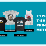 Different t-shirt printing methods including DTG, screen printing, heat transfer, and sublimation on various fabrics