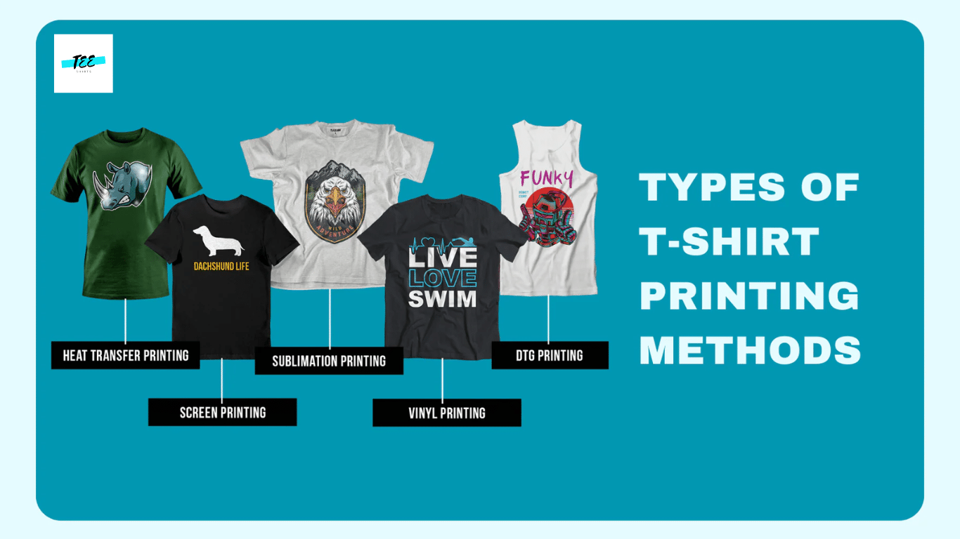 Different t-shirt printing methods including DTG, screen printing, heat transfer, and sublimation on various fabrics
